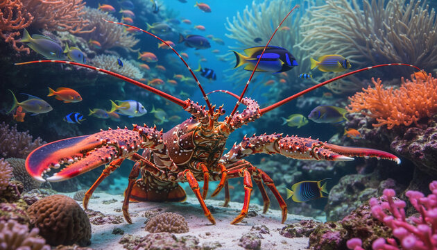 A vibrant red sea anemone and urchin thrive alongside coral reef structures as a live crustacean with sharp claws navigates the fresh marine nature of the deep blue underwater ocean
