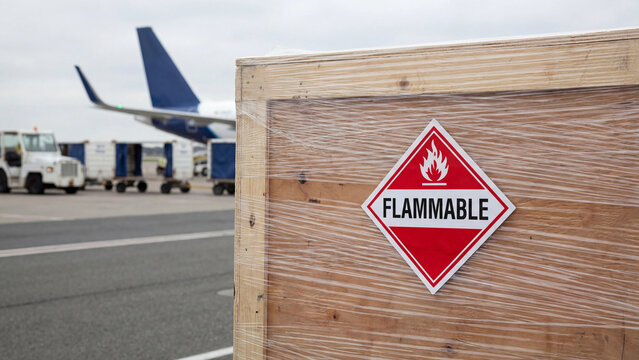 Flammable hazardous materials cargo labeling for air freight transport representing dangerous goods shipping regulations safety compliance and international aviation logistics standards