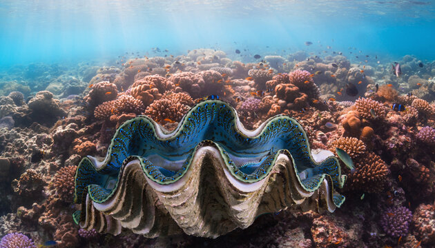 Vibrant tropical fish swim among a colorful coral reef in the crystal clear underwater marine world of the Egyptian Red Sea during a scuba diving and snorkeling vacation adventure