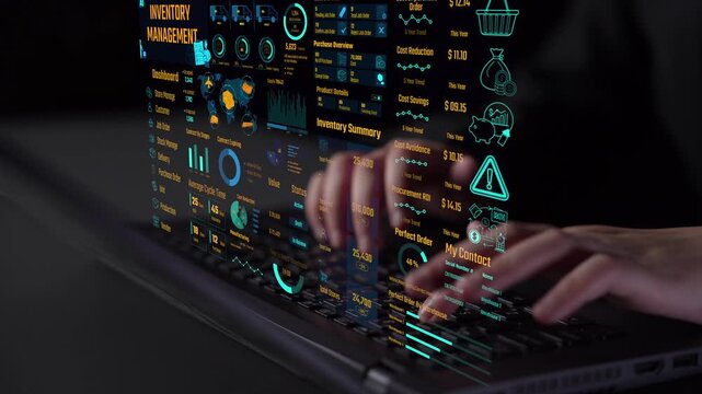 Inventory management dashboard showing supply chain performance, stock levels, order cycle times, cost reduction, and procurement ROI. Inventory tracking, and streamline warehouse efficiency. Thunk