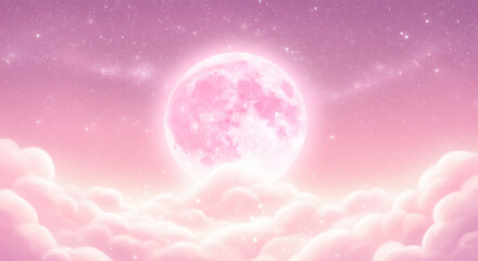 ピンクの満月とふわふわ雲の幻想的なドリーミーナイトスカイ

