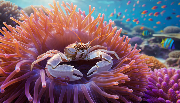 A vibrant pink sea anemone blooms like an underwater flower amidst a tropical coral reef, showcasing the stunning marine life found while diving in the deep blue ocean