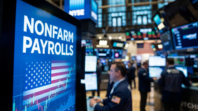 Nonfarm payrolls economic data display on stock exchange trading floor representing US employment statistics labor market indicators and financial market reaction analysis