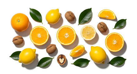 Obraz premium Lemons and Oranges with Leaves and Walnuts in Bright Natural Lighting on White Background for Healthy Eating