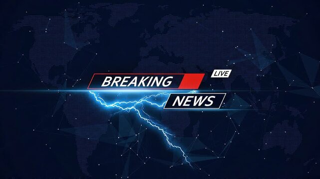"Breaking News" broadcast banner with electric lightning effect and world map background perfect for streaming background, intro background, news broadcasts, and weather forecast