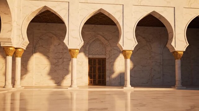 Sunlight illuminates the grand marble courtyard of an ornate mosque featuring detailed Islamic architectural arches and golden column capitals creating dramatic shadows.