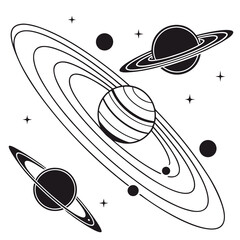 A black and white drawing of planets and rings in space © Hasen