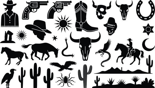 Western cowboy silhouette collection with revolvers, boots, horses, bull skull, cactus and sheriff star icons isolated on white background vector set