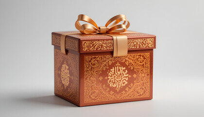 Elegant Red and Gold Islamic Gift Box with Arabic Calligraphy and Ribbon - Festive Packaging