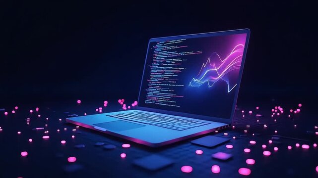 Laptop with Holographic Data Display Against Dark Background for Business Analytics and Modern Technology Solutions