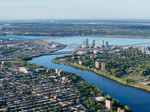Aerial view of Verdun neighborhood near Ile de Soeur and Lachine Canal in Montreal, Quebec, Canada. g.