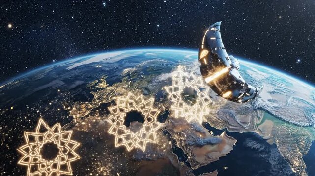 Metallic crescent moon over Earth at night with city lights