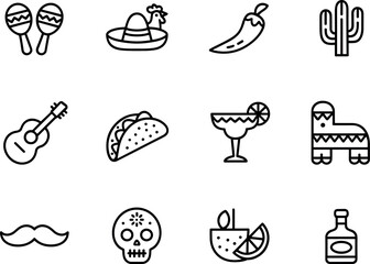 Fototapeta premium Mexican culture fiesta symbols icon set guitar maracas cactus