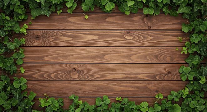 St patrick's day wooden background with green leaves border