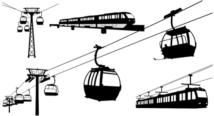 Collection of cable cars and monorail trains in silhouette. © Ahmad
