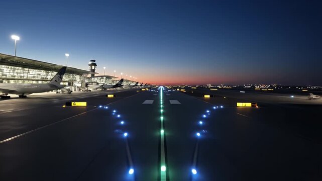 Runway lit at dusk with airplanes parked along the terminal and control tower in the distance
