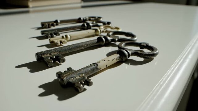 Antique keys lie on a smooth, white surface, casting shadows. Focus is on the detailed, aged metal