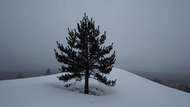 A lone pine tree stands on a snowy hill under an overcast sky. The scene is minimalist and tranquil, with soft, even lighting and a sense of solitude in a cold, wintery landscape