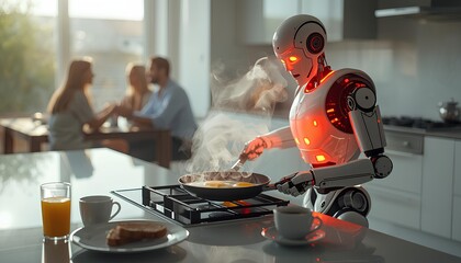 怒った様子で家族の料理を作る人型アンドロイドロボット