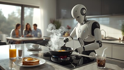 怒った様子で家族の料理を作る人型アンドロイドロボット