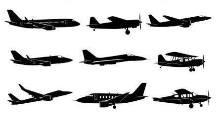 Collection of diverse aircraft silhouettes in black and white. © Ahmad