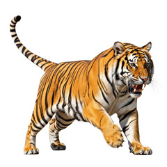 Obraz premium Majestic Tiger: A powerful tiger strides confidently, showcasing its distinctive striped pattern and intense gaze.