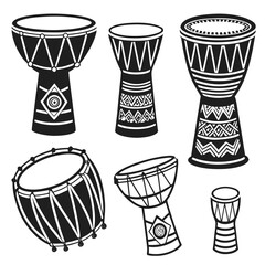 A group of different african drums on a white background