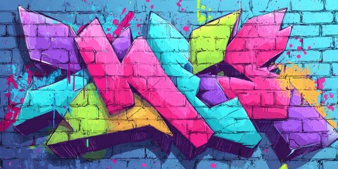 Naklejka premium Vibrant Geometric Pixel Graffiti Art Featuring Abstract Shapes in Pink Purple Green and Blue Colors on a Blue Brick Wall Background A Playful Illustration