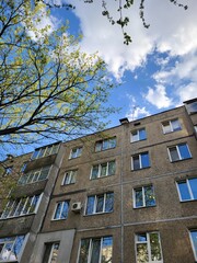 Residential Apartment Building With Spring Green Branches
