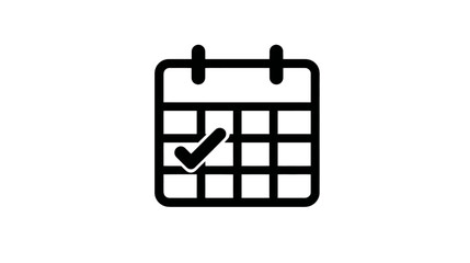 Black and white calendar icon with a checkmark, symbolizing scheduled events, completed tasks, or confirmed appointments.