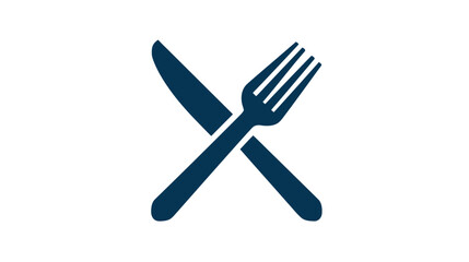 Simple dark blue knife and fork crossed icon, representing dining, restaurant, food, and eating utensils graphic design element