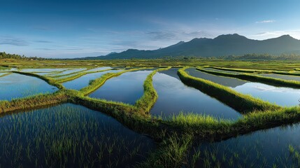 Vivid Aerial View of Flooded Rice Terraces with Vibrant Green Seedlings Reflecting Clear Blue Sky and Sunlight in Rural Landscape Near Forested Hills