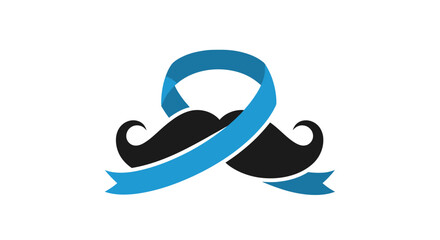 Fototapeta premium A black mustache with curled ends intertwined with a blue awareness ribbon on a white background, symbolizing men's health.