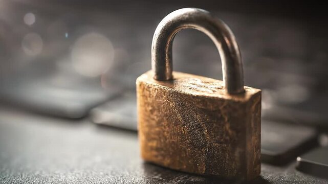 Close-up of a brass padlock placed on a laptop keyboard, symbolizing online security, data protection, internet privacy, and cybersecurity. Focus on locking mechanism with blurred background