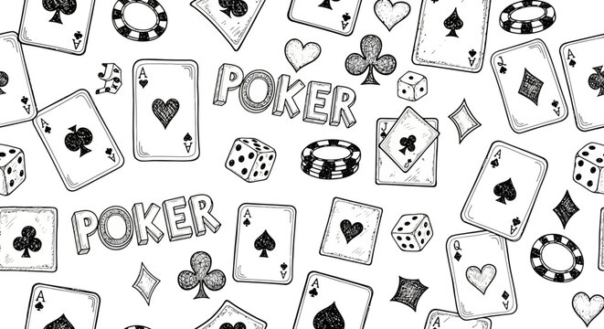 Hand Drawn Poker Cards and Dice Seamless Pattern for Casino and Gambling Backgrounds