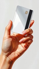 A hand holding a blank, white card, isolated on a light background