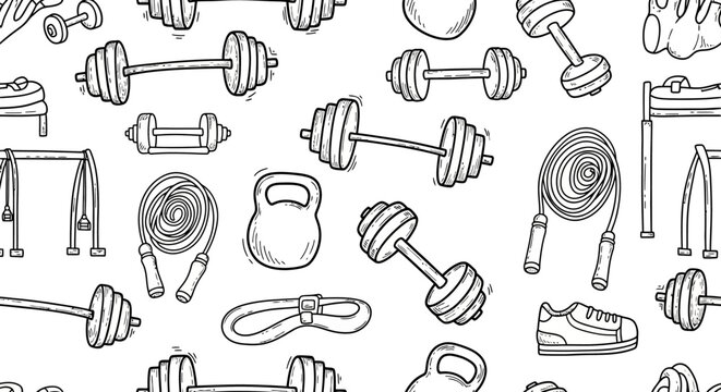 Seamless pattern of gym equipment and sports accessories in a doodle style