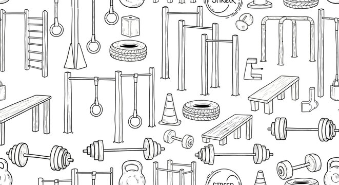 Gym equipment pattern, fitness apparatus and athletic training equipment, hand-drawn style