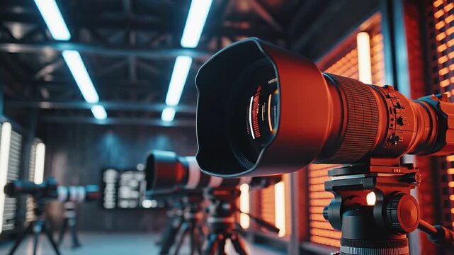 Professional camera equipment setup in a modern studio with multiple lenses and tripods