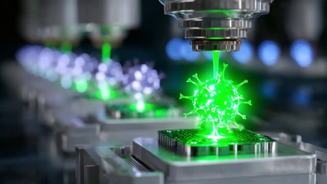 Advanced Biotechnology Process Showcasing Microscopic Particle Manipulation with Emphasized Color Dynamics and Precision Engineering at a High-Tech Laboratory