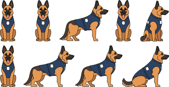 German Shepherd Police Dog Cartoon Character Set with Different Poses for K9 Unit Design, Law Enforcement Canine Flat Vector Illustration Collection