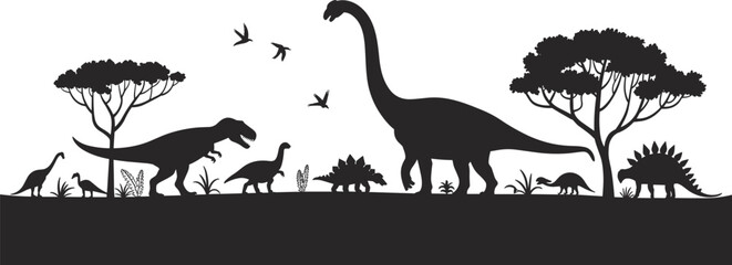Prehistoric Dinosaur Silhouette Set with Tyrannosaurus Rex Brachiosaurus and Stegosaurus in Nature Landscape Isolated on White Background for Jurassic Park World Themed Graphic Design © MdMamunur