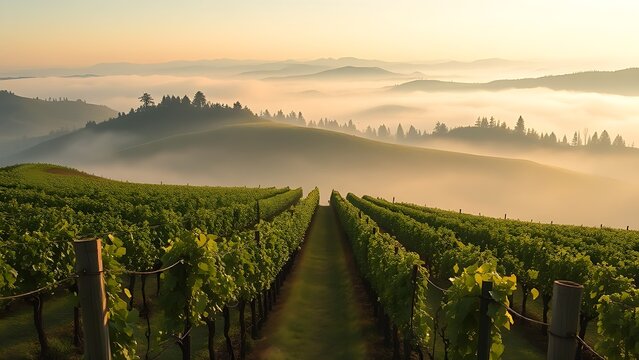 passphrase. Nebbiolo grape vineyard on Piedmont hillside with morning fog and rolling hills. travel magazines, destination branding, designed for outdoor magazines and nature guides.