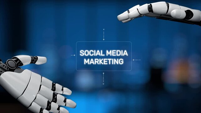 This image showcases robotic hands interacting with icons representing social media marketing, illustrating the fusion of technology and modern advertising strategies. Synapse