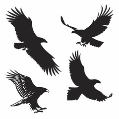 Four black silhouettes of flying birds on white background