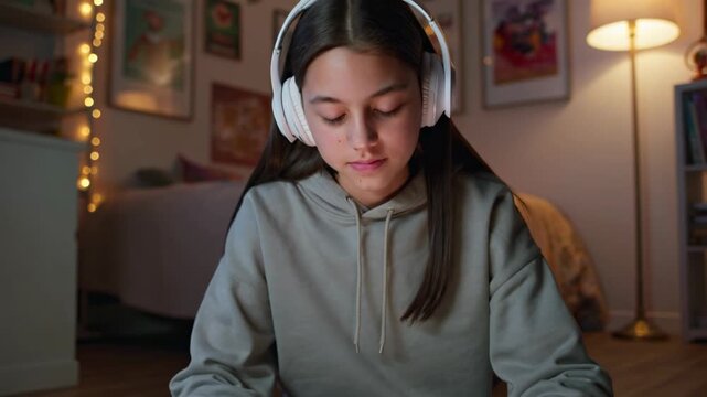 Young girl sitting on the floor, using her smartphone while wearing headphones in a cozy bedroom