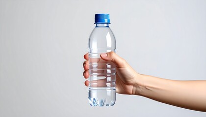 A hand holds a clear, plastic bottle filled with clear liquid