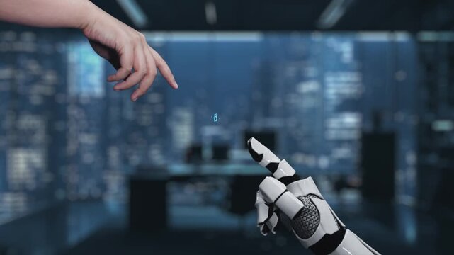 A futuristic workspace showcasing a human hand and a robotic hand interacting with a digital interface, symbolizing innovation, technology, and collaboration in an advanced environment. Auvana