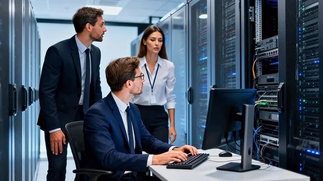 Three professionals working in a server room, monitoring computer systems and network equipment.
