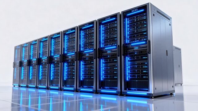 Server racks with blue lights in data center